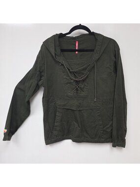 Unionbay Jacket Women Medium Green Hooded Lace Up Anorak Canvas Pockets Pullover